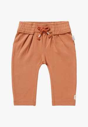 Rostfarbene Baumwollhose mit elastischem Bund, verstellbarem Kordelzug und seitlichen Falten. Hat ein kleines Etikett am linken Saum.