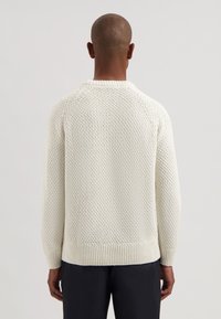 Pull en maille couleur blanc cassé, avec un motif texturé, des poignets et un ourlet côtelés, et un col arrondi, présenté de dos.