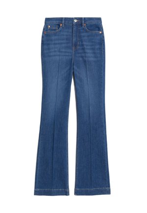Helle Jeans in lässigem Flared-Schnitt mit hoher Taille, zwei vorderen Taschen und einem Knopfverschluss. Verfügt über eine glatte Textur und minimalen Nähten.