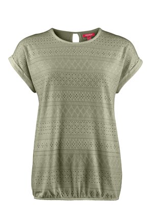 Helles grünes Kurzarmoberteil mit Rundhalsausschnitt, ausgestattet mit einem Schlüssellochausschnitt und strukturierten horizontalen Mustern.
