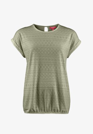 Helles grünes Kurzarmoberteil mit Rundhalsausschnitt, ausgestattet mit einem Schlüssellochausschnitt und strukturierten horizontalen Mustern.