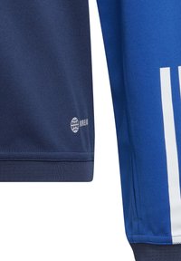 Blauw sportshirt met marineblauwe mouwen, witte streepaccenten, een gladde stof en een logo op de zoom. Lichtgewicht, atletische pasvorm.