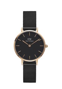 Black watch with a round face, gold hour markers and hands, and a mesh strap. Features a logo at the top and a minimalist design.