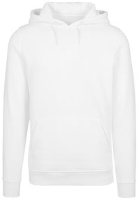 Hvit hettegenser laget av mykt stoff, med en frontlomme, justerbar snor i hetten og ribbede mansjetter. Rent, minimalistisk design.