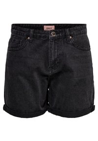 Shorts en denim noir avec ourlets roulés, présentant un design classique à cinq poches et une fermeture à bouton. L'étiquette indique "ONLY". Tissu texturé.