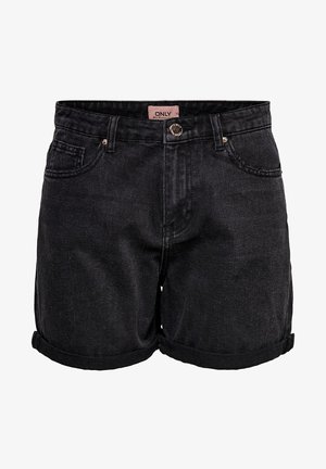 Musta farkkushortsit käännettävillä helmoilla, joissa on klassinen viisi-taskumalli ja napitus. Tuotemerkki lukee "ONLY". Rakenne on teksturoitu.