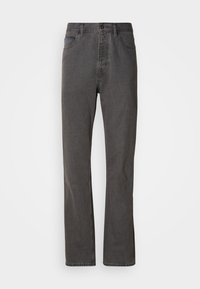 Gray denim jeans with a straight-leg design, featuring front pockets, a button closure, and subtle texture.