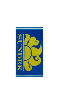 Telo blu con un grande sole giallo e un design di onde, bordato da strisce blu e verdi. Realizzato in tessuto morbido e assorbente.