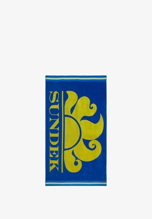 Telo blu con un grande sole giallo e un design di onde, bordato da strisce blu e verdi. Realizzato in tessuto morbido e assorbente.