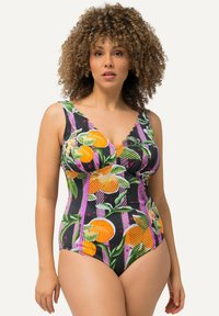 Kylpyasu, jossa on musta pohja ja kirkas oranssi hedelmiä sekä vihreitä lehtiä kuvaava kuvio, syvä V-aukko ja aaltoilevat reunat.