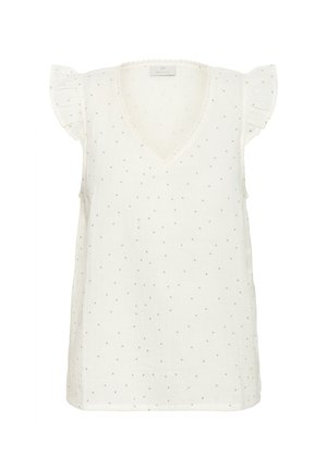 Bijela bluza bez rukava s malim sivim točkicama, naboranim kratkim rukavima i V-izrezom ukrašenim čipkom.