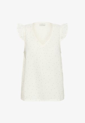 Bluză albă fără mâneci cu buline mici gri, mâneci scurte cu volănașe și decolteu în V cu dantelă.