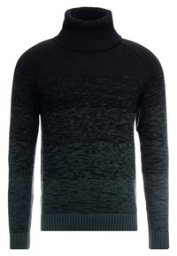 Pull à col roulé tricoté dans des tons foncés, présentant un design en dégradé texturé, avec des poignets et un ourlet côtelés. Aucun élément métallique ou accent visible.