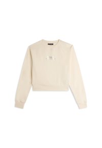 Sweatshirt beige court en tissu doux, avec un col rond, des poignets côtelés et un texte brodé à l'avant.
