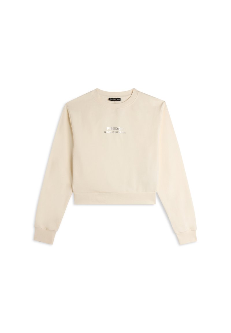Sweatshirt beige court en tissu doux, avec un col rond, des poignets côtelés et un texte brodé à l'avant.
