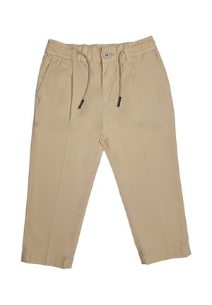 Pantaloni beige per bambini piccoli con vita elasticizzata, chiusura con bottone e coulisse, tasche laterali e gambe dritte.
