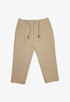 Pantaloni beige per bambini piccoli con vita elasticizzata, chiusura con bottone e coulisse, tasche laterali e gambe dritte.