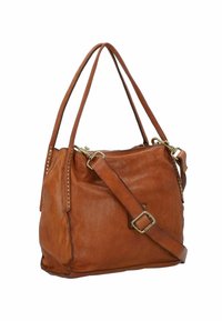 Borsa tote in pelle marrone con doppi manici, una tracolla staccabile e hardware dorato. Superficie texturizzata con borchie decorative.