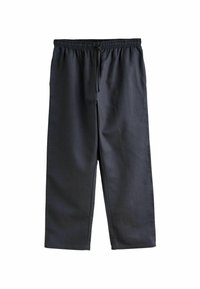 Pantaloni grigi scuri, dall'aspetto morbido, realizzati in tessuto leggero. Presentano un elastico in vita con coulisse regolabile e gambe dritte.
