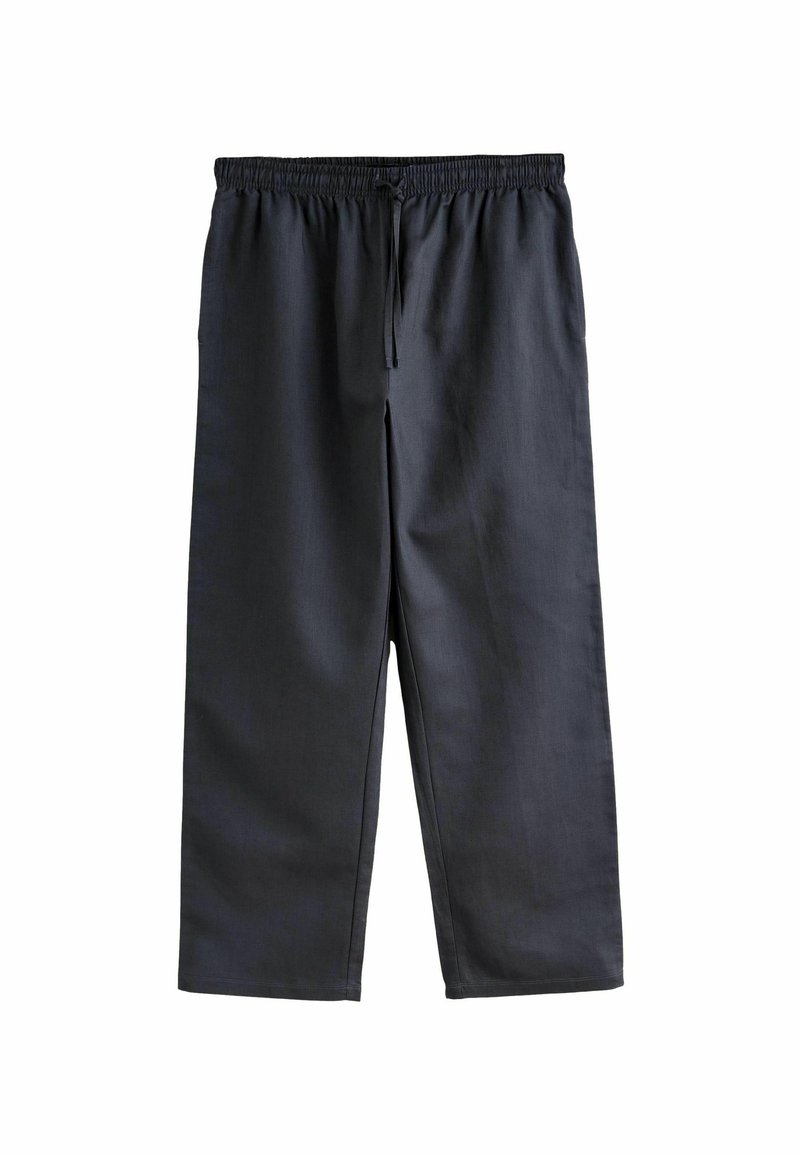 Pantaloni grigi scuri, dall'aspetto morbido, realizzati in tessuto leggero. Presentano un elastico in vita con coulisse regolabile e gambe dritte.