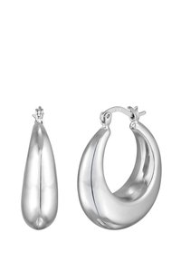 Silberne Creolen zeichnen sich durch eine polierte, glatte Oberfläche mit Tropfenform und einem abgerundeten Design aus. Bemerkenswerte Details sind ein sicherer Verschluss.