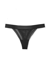 String noir en maille avec un devant uni et des détails en dentelle transparente. Présente une ceinture à double bande et de délicats bords festonnés.