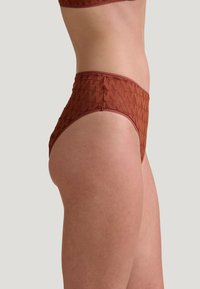 Höga bikinitrosor i rostfärg, med en texturerad zick-zack-mönster och kontrasterande midjeband. Tillverkade av elastisk väv.