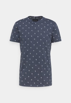 Navy blue short-sleeved t-shirt made from soft cotton, featuring a repeated white palm tree pattern across the fabric.