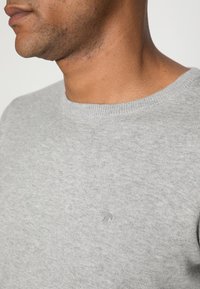 Gray, lightweight sweater with a round neckline and subtle logo detail. Fabric appears smooth with a soft texture and ribbed collar.