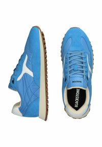 Blue athletic shoes with suede and nylon upper, white accents, a textured sole, and padded collar. Features lace-up design and logo on insole.