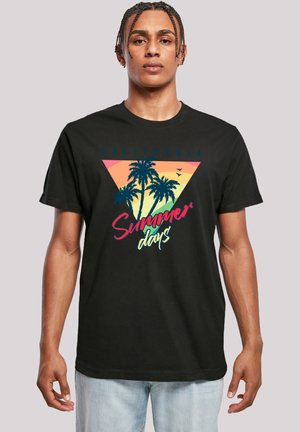 Black cotton t-shirt featuring a multicolored graphic of palm trees and the text "California Summer days" in various colors.
