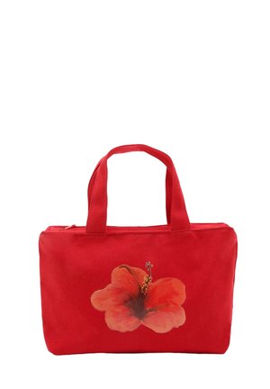 Rød rektangulær håndtaske med to håndtag og en stor hibiscusblomst trykt på midten foran.