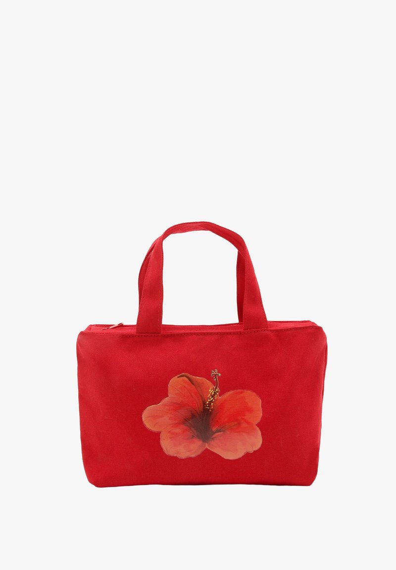 Sac à main rectangulaire rouge avec deux anses et une grande fleur d’hibiscus imprimée au centre devant.