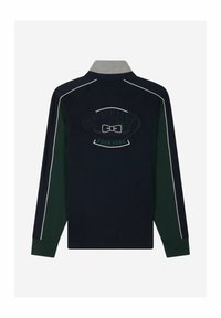 Polo à manches longues avec corps bleu marine, manches vertes, col gris et passepoil blanc. Logo "French Flair" brodé dans le dos.