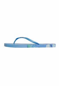 Încălțăminte flip-flop albastre cu un bretele texturat și un model floral pe talpa interioară. Designul ușor dispune de o talpă netedă și un lambă flexibilă.