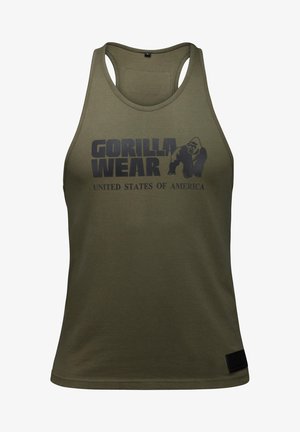 Olivgrünes Tanktop aus Baumwolle, mit schwarzem Drucktext "GORILLA WEAR" und einem Bild eines Gorillas. Schwarzes Akzentetikett am Saum.