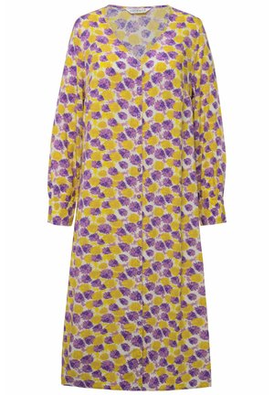 Abito floreale colorato con scollo a V, maniche lunghe e chiusura con bottoni, realizzato in tessuto leggero e trasparente con motivi gialli e viola.