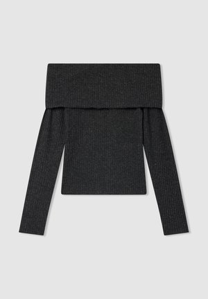 Czarny top odkrywający ramiona z długimi rękawami, wykonany z prążkowanej tkaniny. Posiada szeroki dekolt i dopasowany krój.