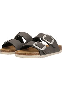 Svarta sandaler med två justerbara silverfärgad spännen, korkfotbädd och en kontrasterande ljus gummisula. Öppen design med sidoutskärningar.
