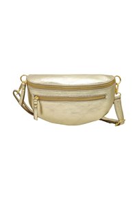 Sac à bandoulière en métal doré en forme de demi-lune, avec deux compartiments zippés et une bandoulière amovible. Texture lisse, quincaillerie minimale.