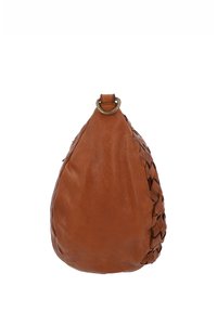 Brown leather bag with a rounded, teardrop shape and woven side detail, featuring a small metal ring at the top.
