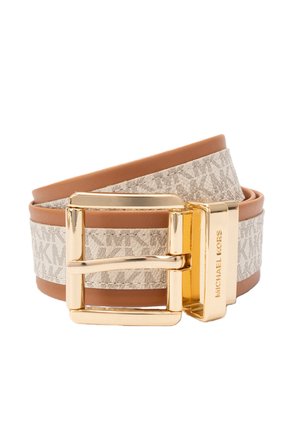 Rolled beige and brown Michael Kors belt with monogram pattern and shiny gold buckle with brand name on the clasp.