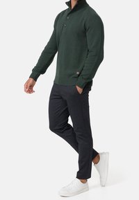 Grüner gestrickter Pullover mit hohem Kragen, drei Knöpfen, gerippten Bündchen und Saum. Kombiniert mit dunklen Hosen und weißen Sneakern.