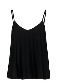 Top negro sin mangas con escote en V, hecho de una tela ligera. Presenta un diseño fluido con detalles plisados a lo largo del dobladillo.