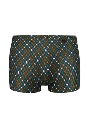 Męskie bokserki z wzorem w romby w kolorach zielonym, morskim, białym i czarnym oraz małą czarną metką z logo na pasku w talii.