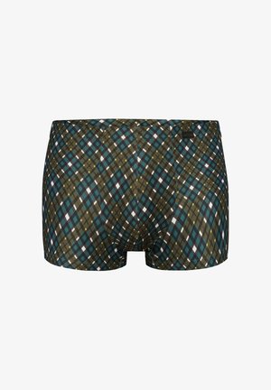 Herren-Boxershorts mit einem Muster aus grünen, türkisfarbenen, weißen und schwarzen Rautenkästchen und einem kleinen schwarzen Logotag am Bund.