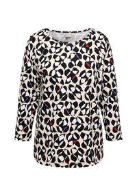 Long-sleeve beige top with black abstract leaf patterns, accented with small red and purple shapes, round neckline, relaxed fit.
