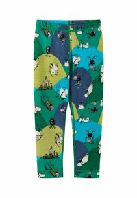 Leggings colorati in morbido cotone caratterizzati da un motivo giocoso di personaggi dei cartoni animati su uno sfondo multicolore di verde e blu.