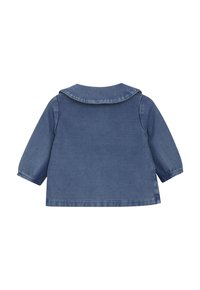 Niebieska dżinsowa kurtka dziecięca z długimi rękawami i szerokim kołnierzem marynarskim, pokazana z tyłu na białym tle.