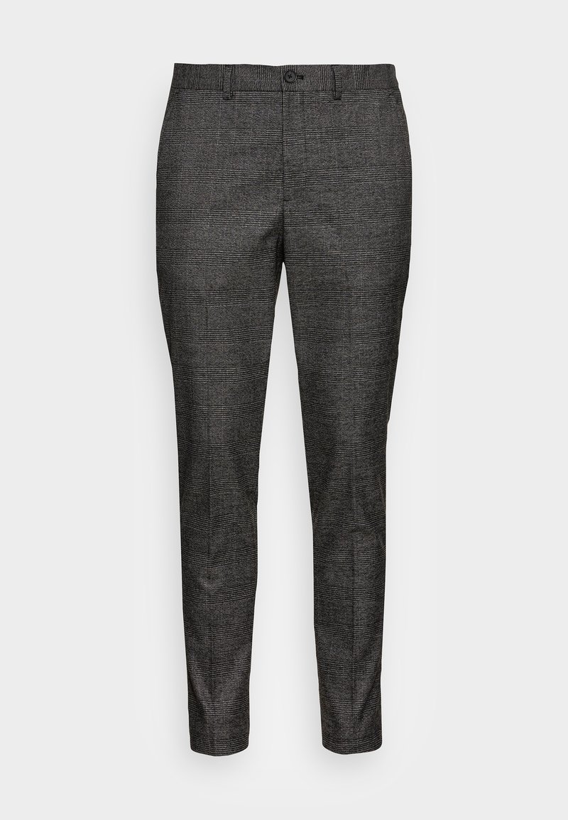 Pantalon habillé slim-fit pour homme avec motif à carreaux noir et gris et fermeture par bouton à la taille.